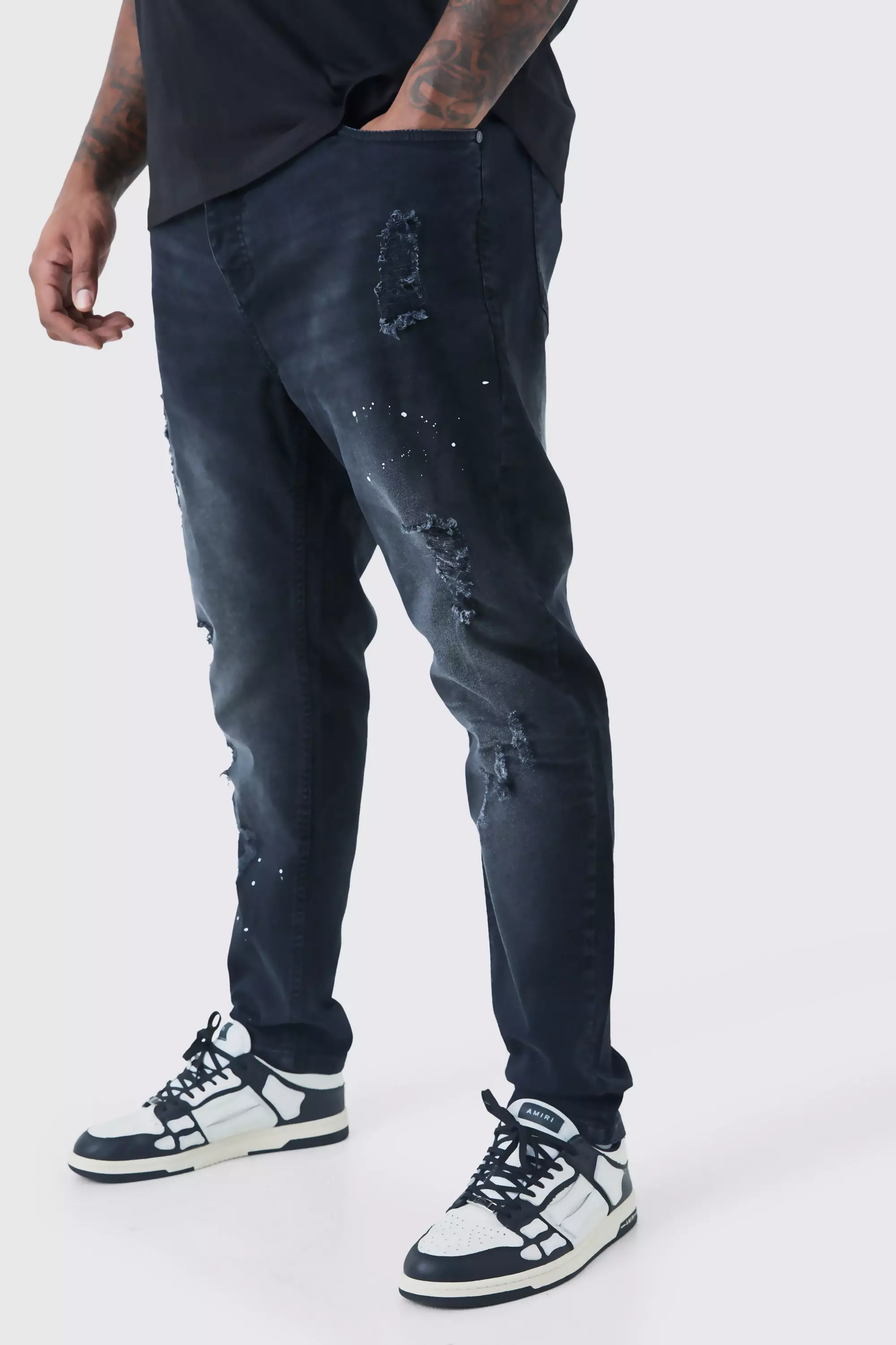 Grande taille Jean skinny dechire a taches de peinture boohooMAN FR